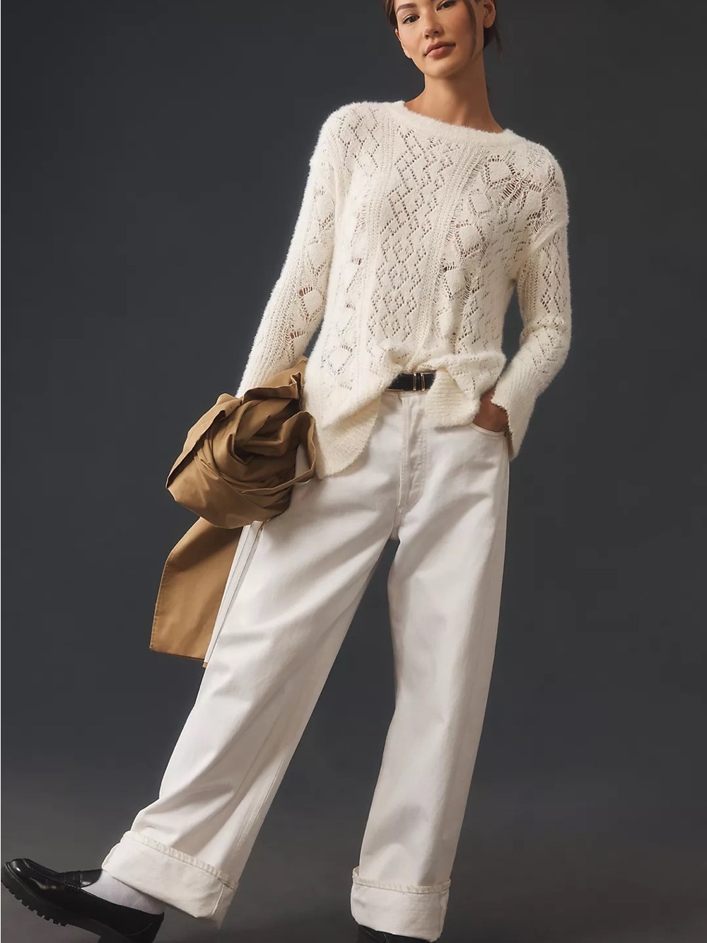 Pilcro for Anthropologie Cream Distress Stitch Longline Side Slit Sweater sz L - Picture 5 of 15